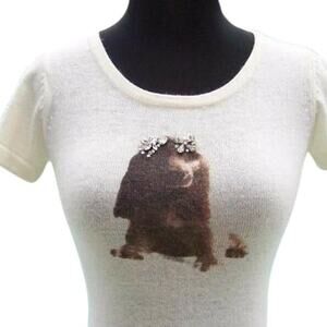 Cache Ivory Rhinestone Cashmere Blend Puppy Dog Top New Stretch NWT $88 Sz S